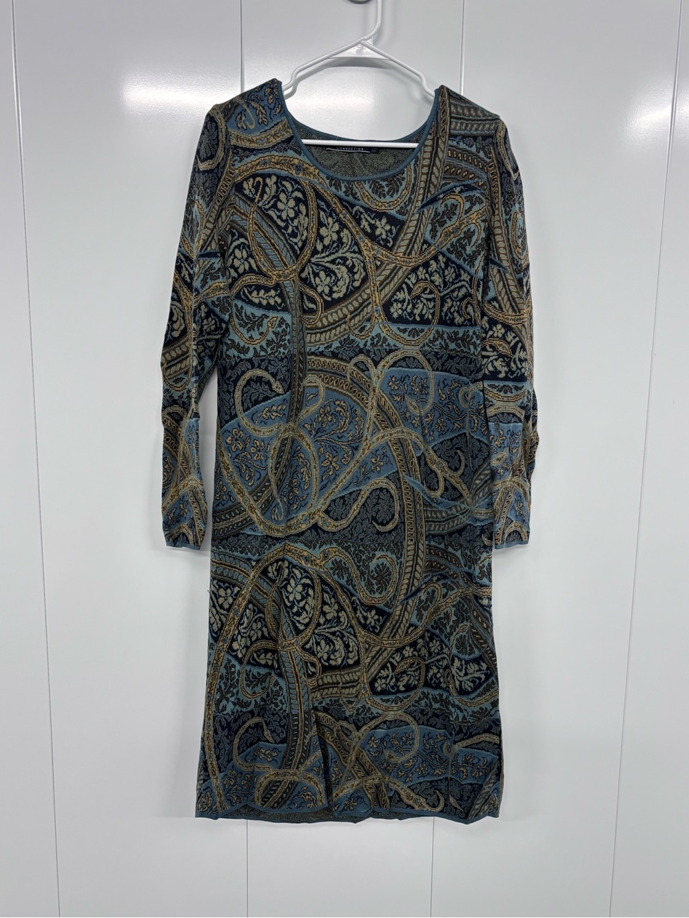 Peruvian Connection XL Womens Blue Brown Beige Paisley Knit Sweater Dress Pima